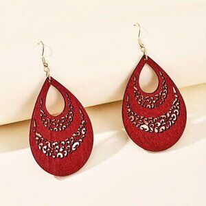 Boho Carved Red Teardrop Wooden Wood Dangle Earrings NEW